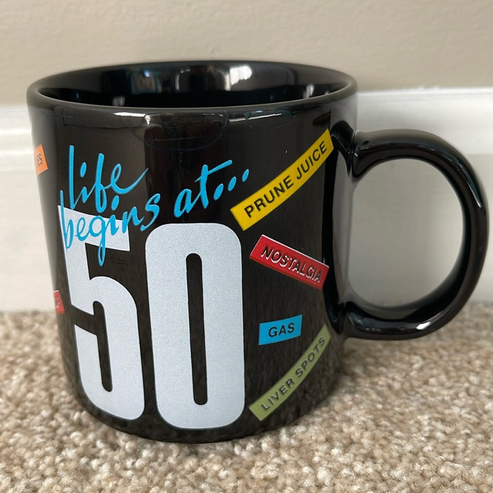 Vintage RUSS BERRIE Life begins at 50 Funny Novelty Black Mug Coffee Tee EUC